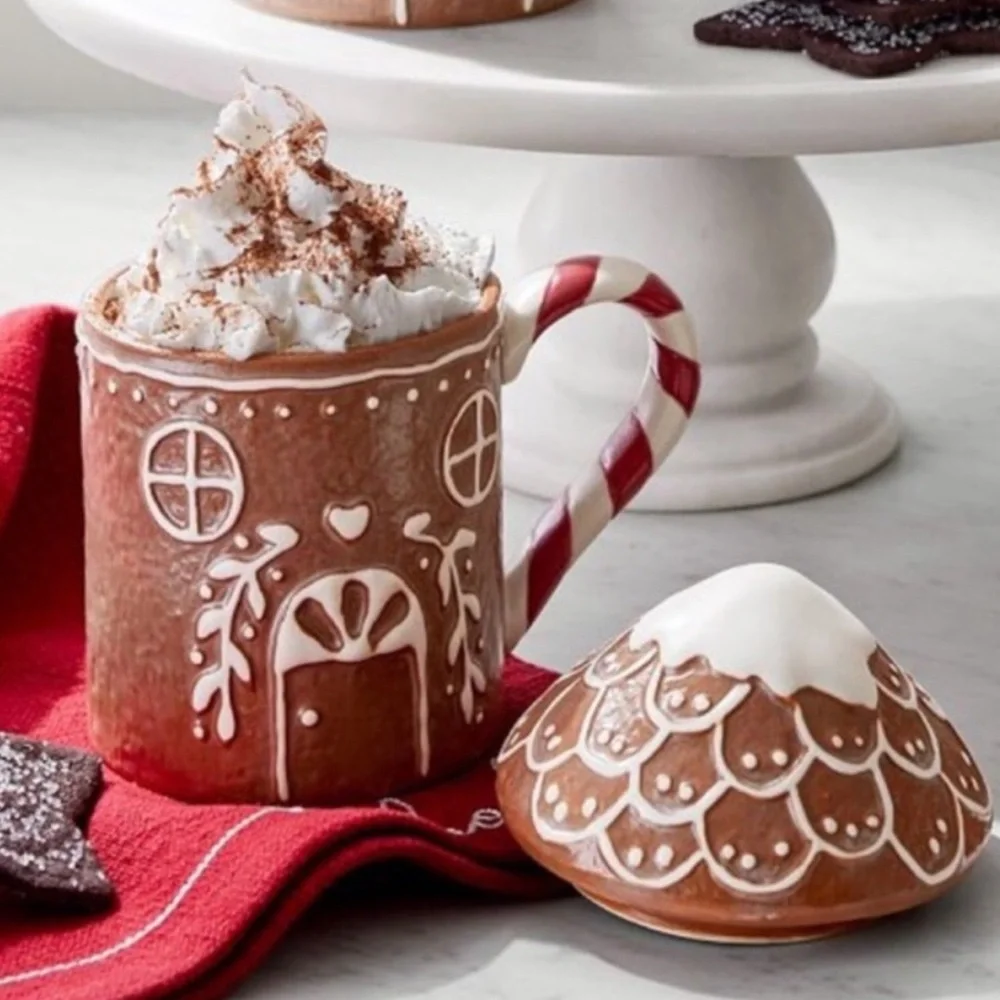 Pottery Barn Gingerbread House Mug Handpainted Stoneware New In Box